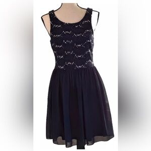 Navy Blue Juniors Sleeveless Fit n Flare Skater Sequin Dress Size 9 #party